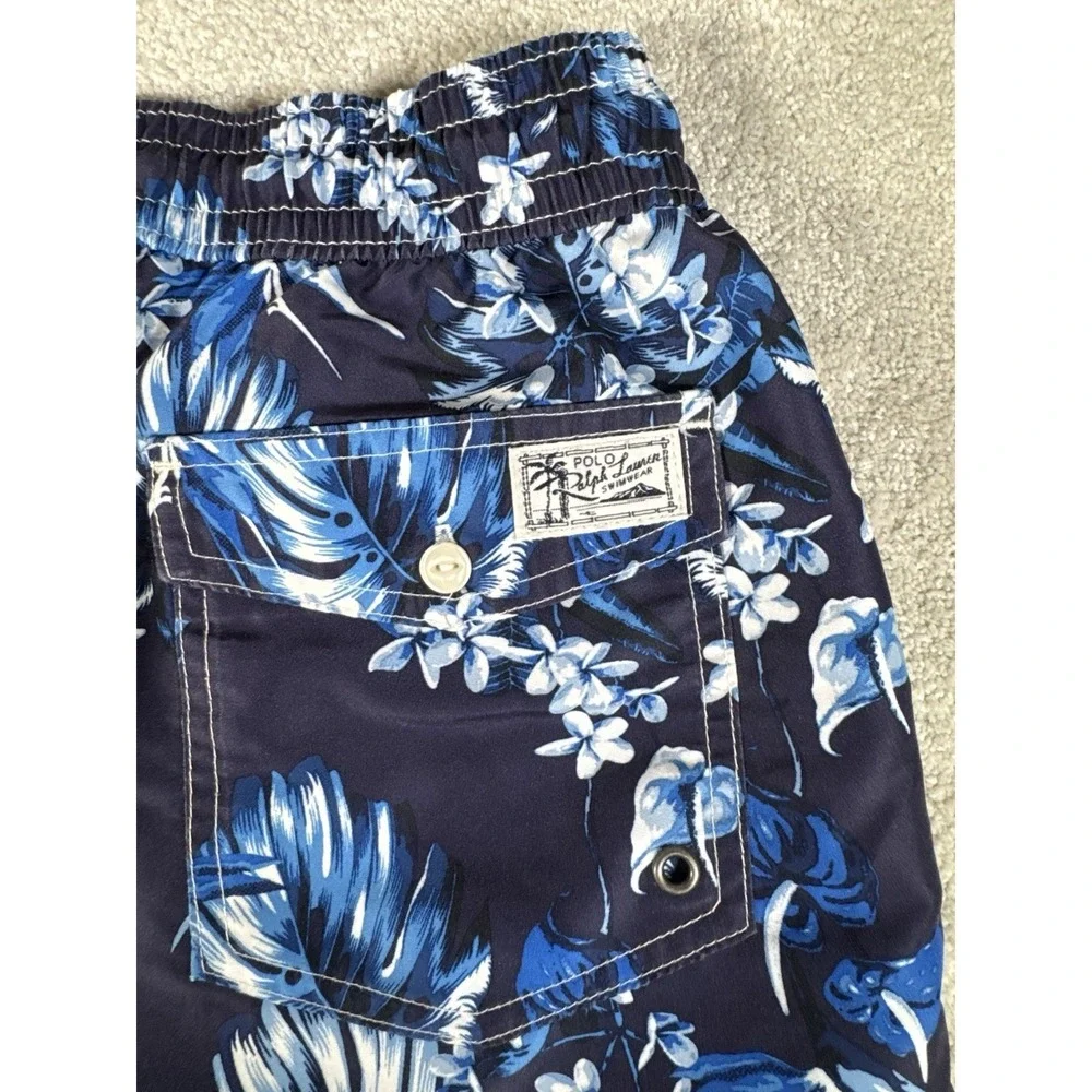 Vtg POLO RALPH LAUREN Swim Shorts Trunks Mens S Blue Hawaiian Floral Aloha‎ Pony
